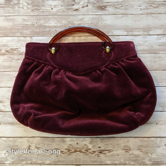 Vintage Burgundy Velvet Tortoise Handle Handbag - Picture 8 of 12